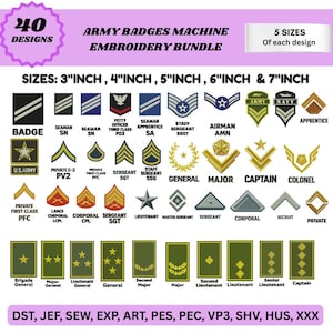 Puede incluir: Una colección digital de 40 diseños de bordado a máquina de insignias militares en 5 tamaños. El gráfico muestra varios rangos militares, incluyendo galones, estrellas y barras, con los formatos de archivo DST, JEF, SEW, EXP, ART, PES, PEC, VP3, SHV, HUS y XXX.