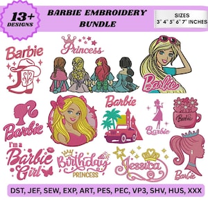 Lindo diseño de bordado a máquina de princesa Barbie, bordado de cara de muñeca de princesa reina niña, bordado de silueta de Barbie rosa - 5 tamaños