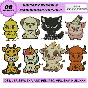 May include: An embroidery bundle featuring eight grumpy animal designs, including a chick, dog, cat, pig, giraffe, unicorn, cow, and bull. The designs are available in various sizes, from 3 to 7 inches.