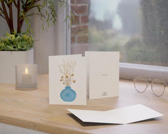 Cartes de voeux aquarelle vase bleu, intérieur vierge