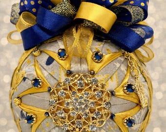 Magical Forest Christmas Ornament – Gold Filigree & Sapphire Accents – Silver and Gold Ornament