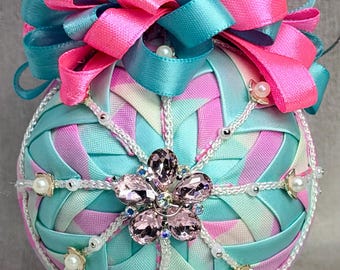 Handmade Pink and Blue Quilted Ornament • Cotton CandyLand Theme Decor • Rhinestone Christmas Decoration