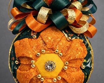 Orange and Green Quilted Ornament – Handmade Christmas Fabric Floral Design with Gold Beads, Layered Ribbon Bow, Elegant Holiday Decoration
