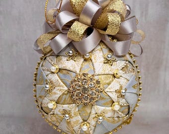 Luxury Gold Quilted Ornament • Handmade Christmas Ornament • Pearl & Rhinestone Holiday Decor