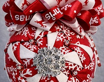 Red & White Quilted Ornament • Snowflake Christmas Fabric Ball • Handmade Holiday Decor • Heirloom Keepsake Gift • Christmas Bauble