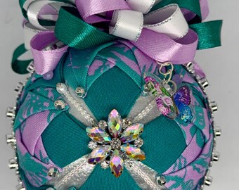 Teal & Lavender Quilted Ornament • Butterfly Charm • Jeweled Flower Centerpiece • Handmade Keepsake