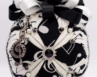 Music Note Ornament • Treble Clef Keepsake • Black White Quilted Fabric Ornament