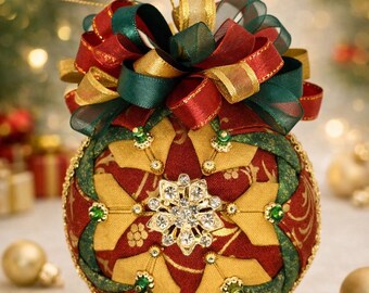 Handmade Quilted Christmas Ornament – Red, Gold & Green Star with Rhinestone Center–Traditional Christmas Decoration