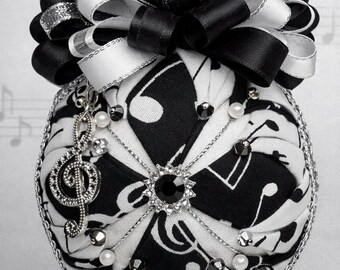 Music Note Ornament • Treble Clef Keepsake • Black White Quilted Fabric Ornament