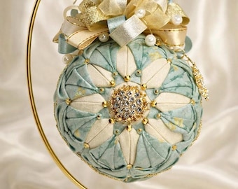 Mint and Gold Quilted Ornament • Handmade Christmas Ornament • Rhinestone Decor • Pearl Accent • Holiday Decorations