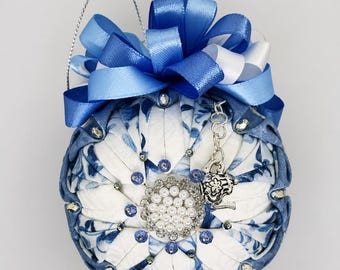 Blue and White Quilted Ornament • Handmade Fabric Keepsake • Pearl Center Christmas Decoration