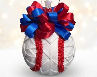 Red & White Quilted Christmas Ornament • Handmade Holiday Decor • Baseball • Festive Bow Ornament