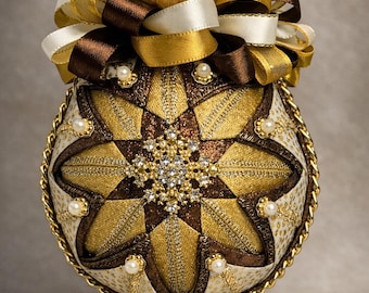Handmade Gold and Bronze Quilted Ornament • Antique Christmas Ornament • Glitter Holiday Decor • Rhinestone Decorations