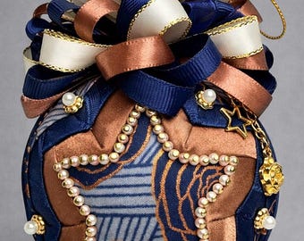 Stars and Roses Quilted Fabric Ornament • Navy and Copper Handmade Keepsake