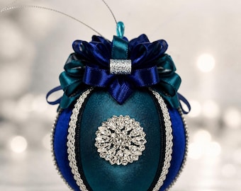 Teal & Sapphire Crystal Ornament – Handmade Quilted Christmas Ornament–Kimekomi Christmas Ornament–No Sew Ornament