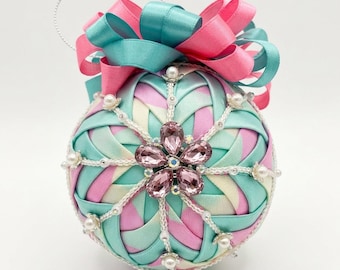 Handmade Pink and Blue Quilted Keepsake Ornament with Rhinestone Flower