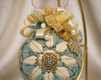 Mint and Gold Quilted Ornament • Handmade No Sew Fabric Keepsake • Rhinestone & Pearl Holiday Decoration