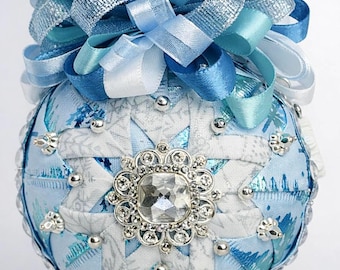 Handmade Winter Quilted Ornament • Snowflake Christmas Decoration • Iridescent Blue Christmas Ornament