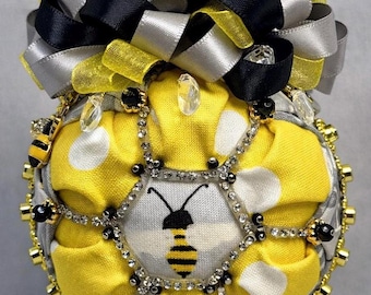 Bee Quilted Ornament with Yellow and Gold Decor • Gray Fabric Layers with Rhinestones & Bee Charms• Handmade Bee Christmas Ornament