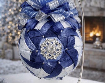 Blue & White Quilted Ornament • Winter Holiday Decor • Snowflake Christmas Decoration • Elegant Rhinestone Keepsake Ornament