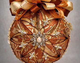 Autumn Orange & Copper Kimekomi Ornament • Pine Cone Charms • Fall Harvest Holiday Decor • Fabric Ornament