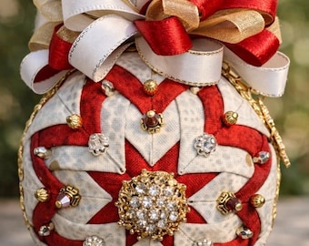 Red, White, & Gold Quilted Ornament • Handmade Christmas Ball • Rhinestone Center • Ribbon Bow Decor