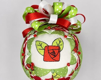 Red & Green Quilted Fabric Ornament • Holiday Rose Design • Handmade Keepsake Decoration
