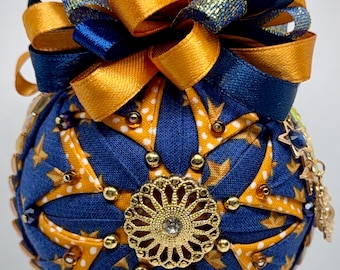 Rustic Farmhouse Quilted Christmas Ornament – Denim Blue & Orange Country Star Christmas Decor – Patriotic Decor