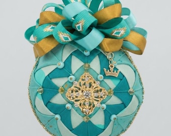 Handmade Teal & Gold Quilted Fabric Christmas Ornament