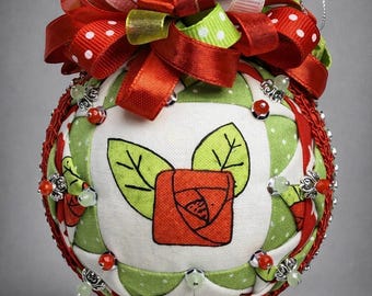 Handmade Red & Green Quilted Fabric Ornament • Rose Christmas Ornament • Whimsical Holiday Decoration •  Unique Keepsake Ornament