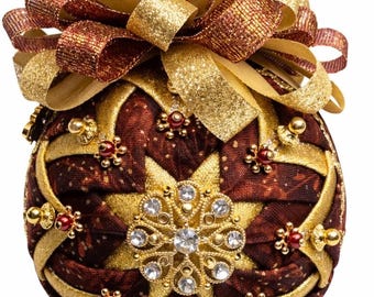 Luxury Burgundy & Gold Quilted Ornament • Handmade Christmas Decoration• Rhinestone Decor • Elegant Holiday Keepsake