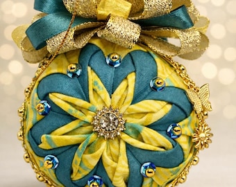 Teal, Yellow & Gold Quilted Ornament – Handmade Fabric Christmas Ornament, Heirloom Holiday Decor