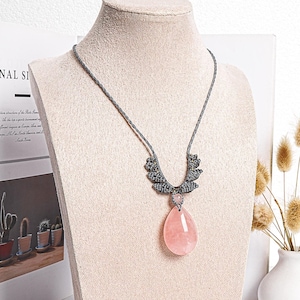 Rose Quartz Macrame Necklace Genuine Natural Grade AAA Rose Quartz Necklace Gemstone Neckalce(95892)