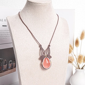 Rose Quartz Macrame Necklace Genuine Natural Grade AAA Rose Quartz Necklace Gemstone Neckalce(95889)