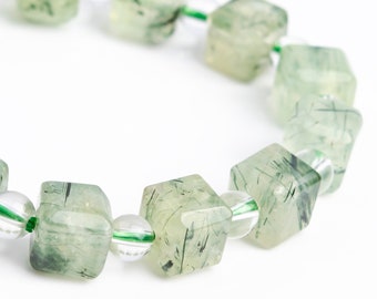 9-10MM Epidote In Prehnite Beads Light Green Bracelet Grade AAA Genuine Natural Beveled Edge Faceted Cube Gemstone 7.5" (118507h-4038)