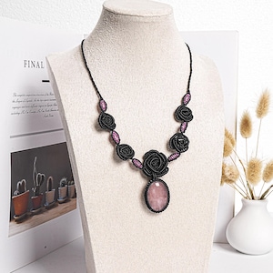 Rose Quartz Macrame Necklace Genuine Natural Grade AAA Rose Quartz Necklace Gemstone Neckalce(95919)