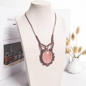 Rose Quartz Macrame Necklace Genuine Natural Grade AAA Rose Quartz Necklace Gemstone Neckalce(95925)