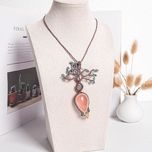 Rose Quartz Macrame Necklace Genuine Natural Grade AAA Rose Quartz Necklace Gemstone Neckalce(95931)