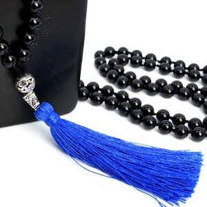 8MM Black Agate Mala Beads 108 Pcs Grade AAA Necklace 41" Genuine Natural Round Gemstone with Tassel BULK LOT 1,3,5,10,50 (106817-084)