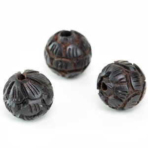 4 Pcs 15MM Natural Ebony Black Sandalwood Handcrafted Beads Three Layer Lotus Flower Carved Round Bulk Lot Options (80175-608)