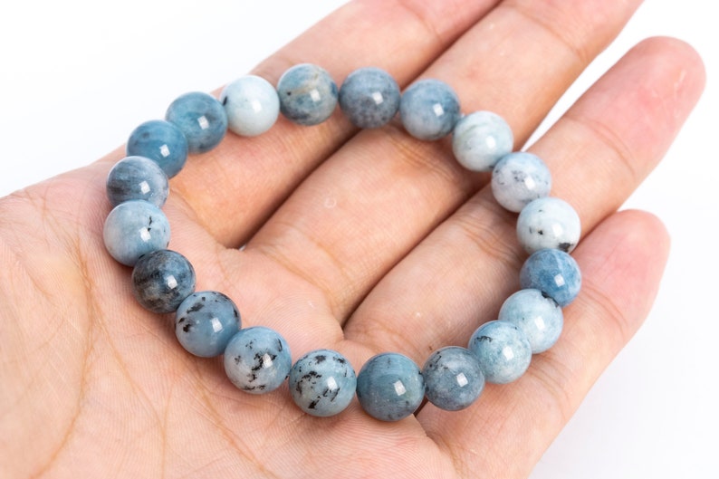 9MM Blue Aquamarine Biotite Inclusions Beads Bracelet Brazil Grade A Genuine Natural Round Gemstone 7 114126h-3764