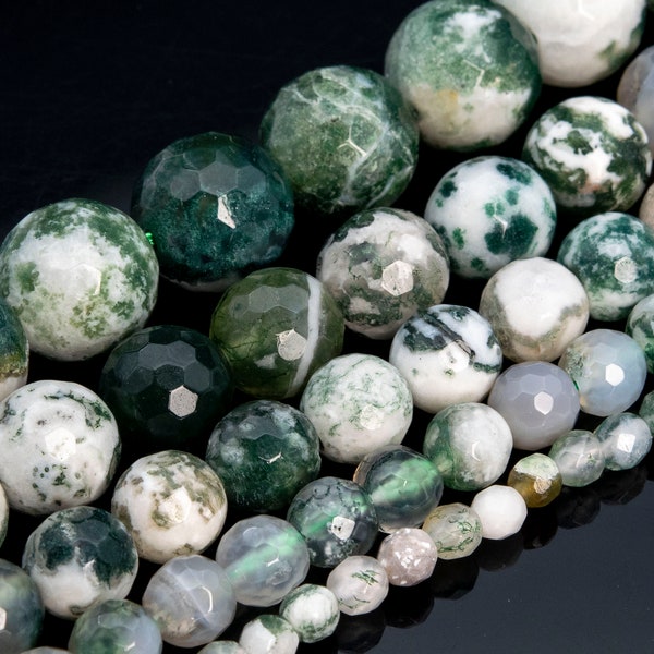 Green & White Moss Agate Beads Grade A+ Genuine Natural Gemstone Micro Faceted Round Loose Beads 6MM 8MM 10MM Bulk Lot Options