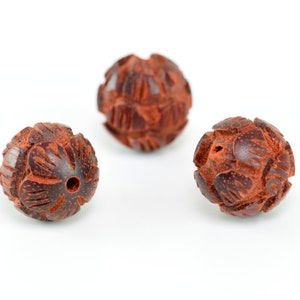 8 Pcs 10MM Natural Lobular Red Sandalwood Handcrafted Beads Three Layer Lotus Flower Carved Round Bulk Lot Options (80166-608)