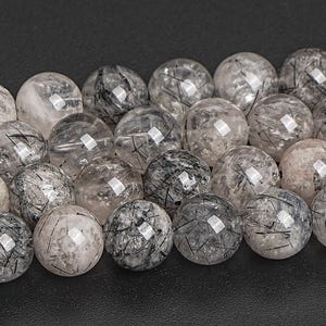 Cuentas de cuarzo turmalinado negro, auténticas piedras preciosas naturales brasileñas, redondas y sueltas, de 6 mm, 8 mm, 10 mm y 12 mm. Opciones de lotes al por mayor.