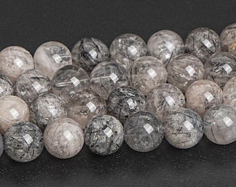 Black Tourmalinated Quartz Beads Genuine Natural Brazil Gemstone Round Loose Beads 6MM 8MM 10MM 12MM Bulk Lot Options