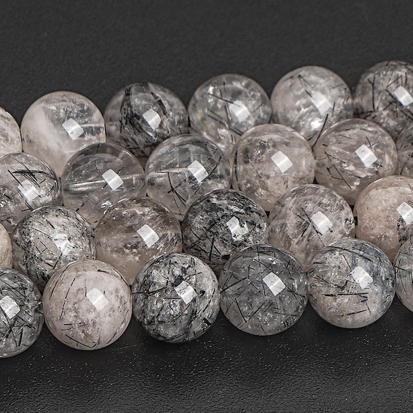 Black Tourmalinated Quartz Beads Genuine Natural Brazil Gemstone Round Loose Beads 6MM 8MM 10MM 12MM Bulk Lot Options