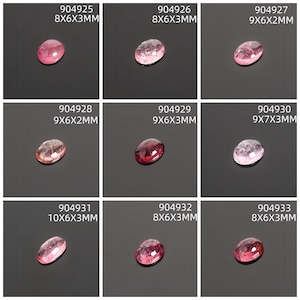 May include: Nine oval-shaped gemstones in shades of pink and red are displayed against a dark background. Each stone has a unique size, with dimensions ranging from 8x6x3mm to 10x6x3mm. The gemstones are numbered and labeled with their measurements.