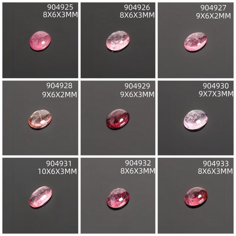 May include: Nine oval-shaped gemstones in shades of pink and red are displayed against a dark background. Each stone has a unique size, with dimensions ranging from 8x6x3mm to 10x6x3mm. The gemstones are numbered and labeled with their measurements.