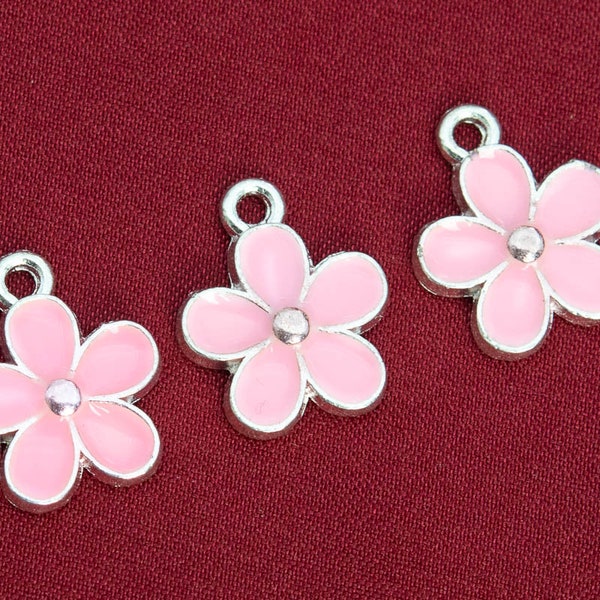 15x12x1MM Flower Charm Silver Tone With Sakura Pink Enamel 6 Pcs Bulk Lot Options (65763-3305)