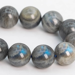 May include: A bracelet made of round, gray labradorite beads with iridescent blue flashes.